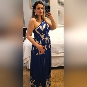 One shoulder blue & white summer botanical maxi dress fits Large